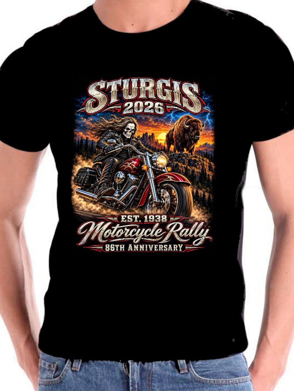 Motorcycle T shirt Art Buffalo Sturgis 2026 Motorcycle Rally 86 Annual 100%